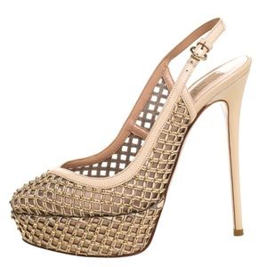 Valentino: Beige Lattice Leather Mesh Studded Slingback Pumps (Size: 7.5/ 37.5)
